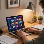 Engaged player using TR88 TRANG CHỦ on laptop in stylish home office during online gaming session