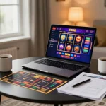 Player enjoying SC88 online casino gaming with vibrant slot visuals and coffee at home