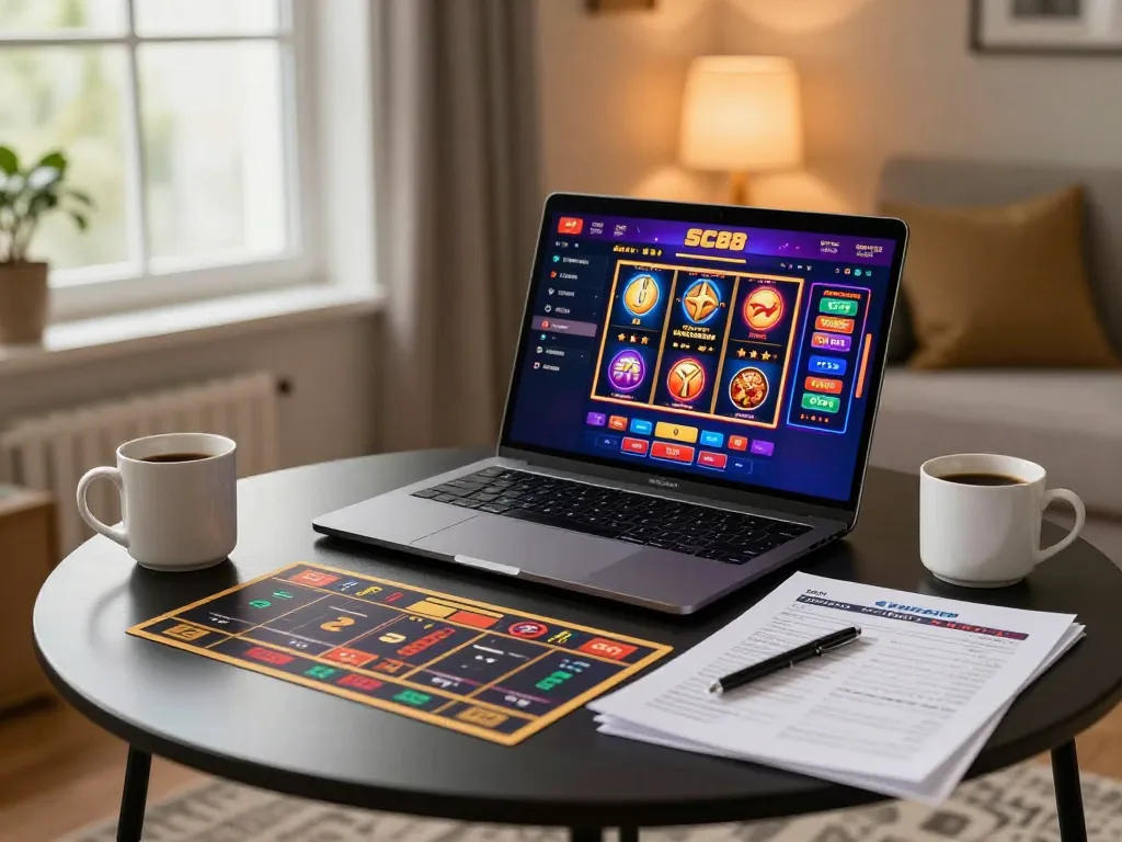 Player enjoying SC88 online casino gaming with vibrant slot visuals and coffee at home