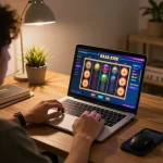 A person enjoying raja slot gameplay on a laptop, showcasing colorful graphics in a cozy home environment.