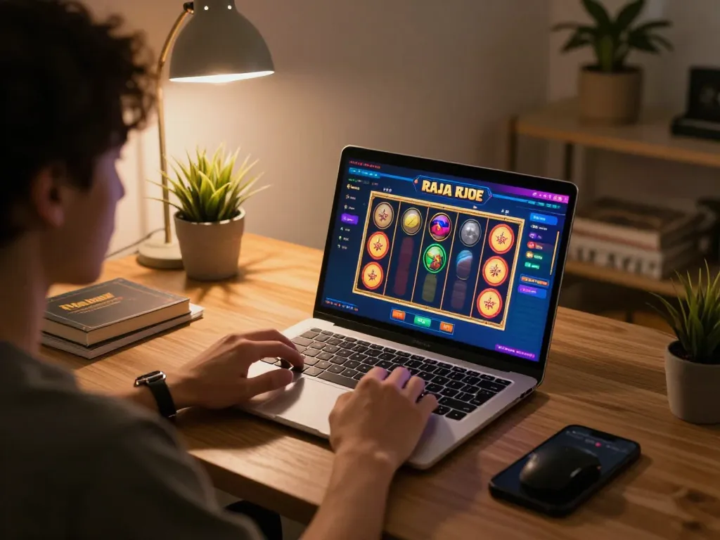 A person enjoying raja slot gameplay on a laptop, showcasing colorful graphics in a cozy home environment.