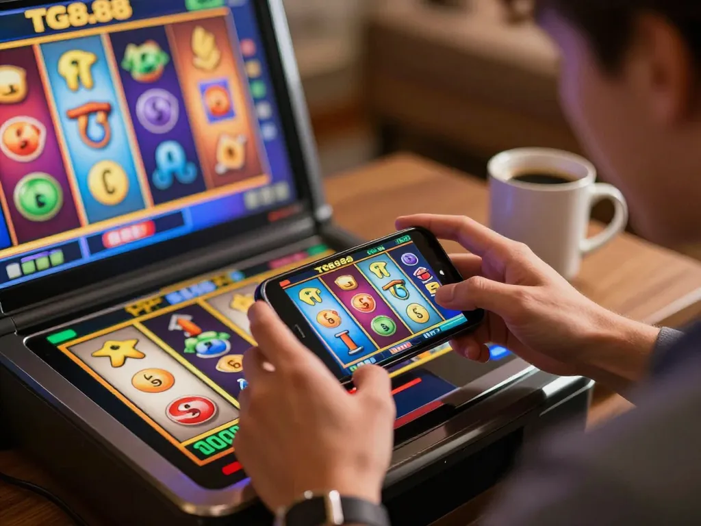 Player enjoying slot games on TG88 mobile app, showcasing vibrant graphics and engaging gameplay.