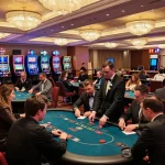 Engaged players at CM88 TRANG CHỦ poker tables in a bustling casino atmosphere