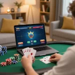 Player enjoying kuwin poker game on laptop in stylish home setting, focused on strategic betting