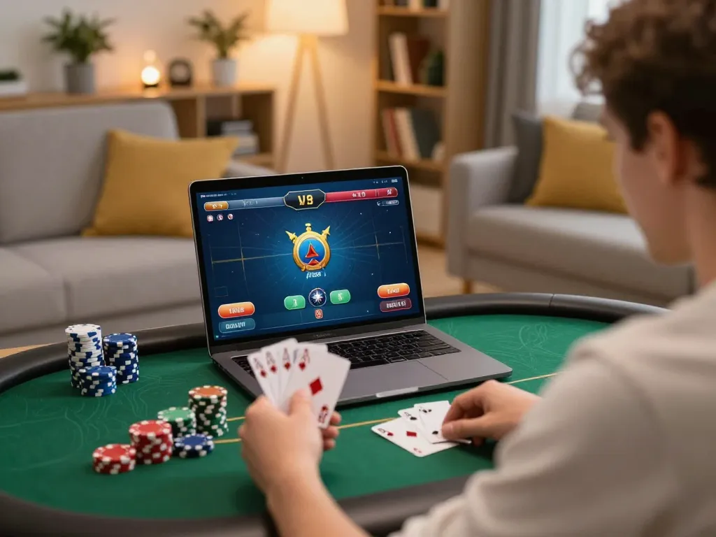 Player enjoying kuwin poker game on laptop in stylish home setting, focused on strategic betting