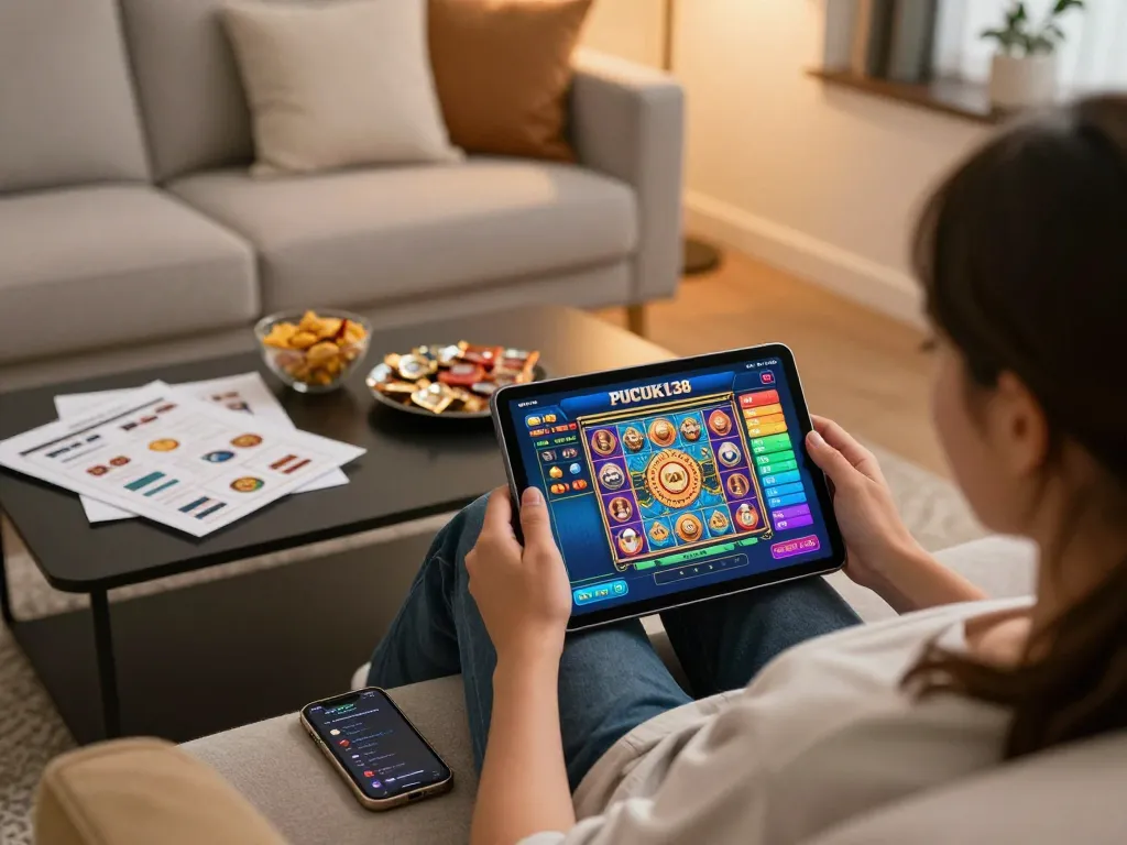 Pucuk138 online app gameplay on tablet showcasing engaging slot options in a cozy home atmosphere