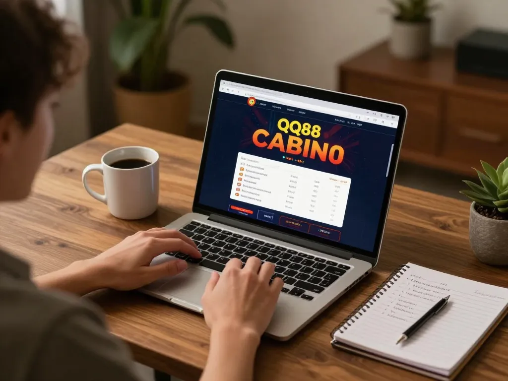 Player strategizing for QQ88 online slots, showcasing engaging home gambling atmosphere.