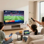 Family enjoying entertainment through Sky Glass IPTV Subscription on Smart TV in modern living room.
