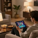 Playing online at 788bet, user engaged in casino gaming on a tablet with cozy ambiance