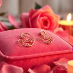 Valentine’s Day gold cartilage earrings UK displayed elegantly on velvet with rose petals.