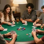Friends enjoying a poker night at home with fly88 gaming, vibrant chips and cards visible.