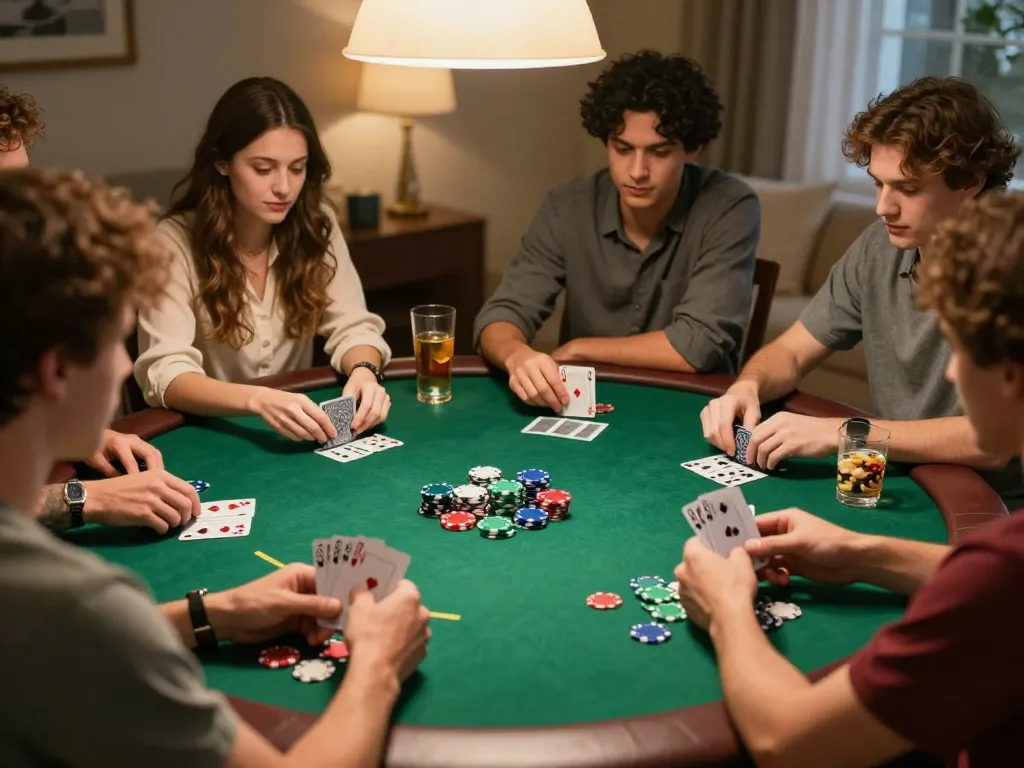Friends enjoying a poker night at home with fly88 gaming, vibrant chips and cards visible.