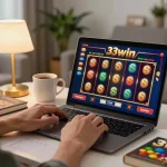 Engaging in 33win online slots gameplay from a comfortable home setting with vibrant visuals on the screen.