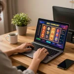 Engaging in online casino gameplay at home, focusing on CM88 TRANG CHỦ with exciting slot animations.
