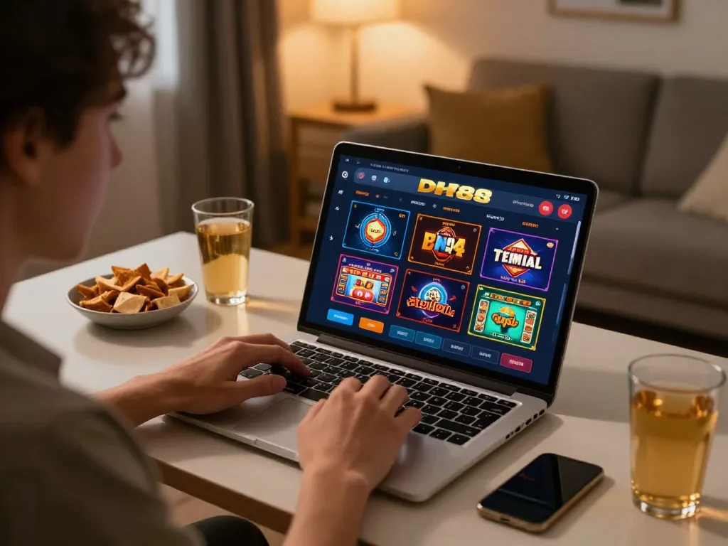 Engaging at-home online gaming scene with DH88 betting interface premium display.