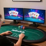 Engaging in a strategic poker session on iwinclub with dual screens and comfortable home setup.