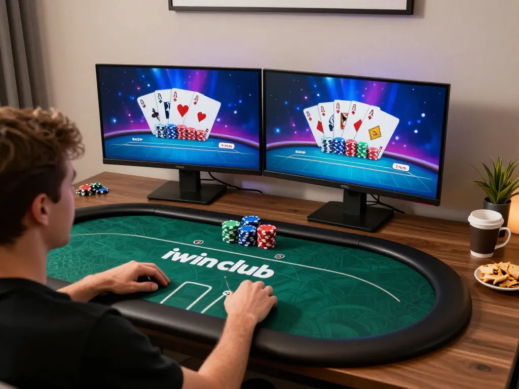 Engaging in a strategic poker session on iwinclub with dual screens and comfortable home setup.
