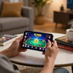 Player enjoying the fly88 casino app on mobile in a cozy living room, showcasing responsible gaming.