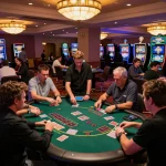 Players enjoying blackjack at the hit club, with dealers shuffling cards and vibrant casino ambiance.