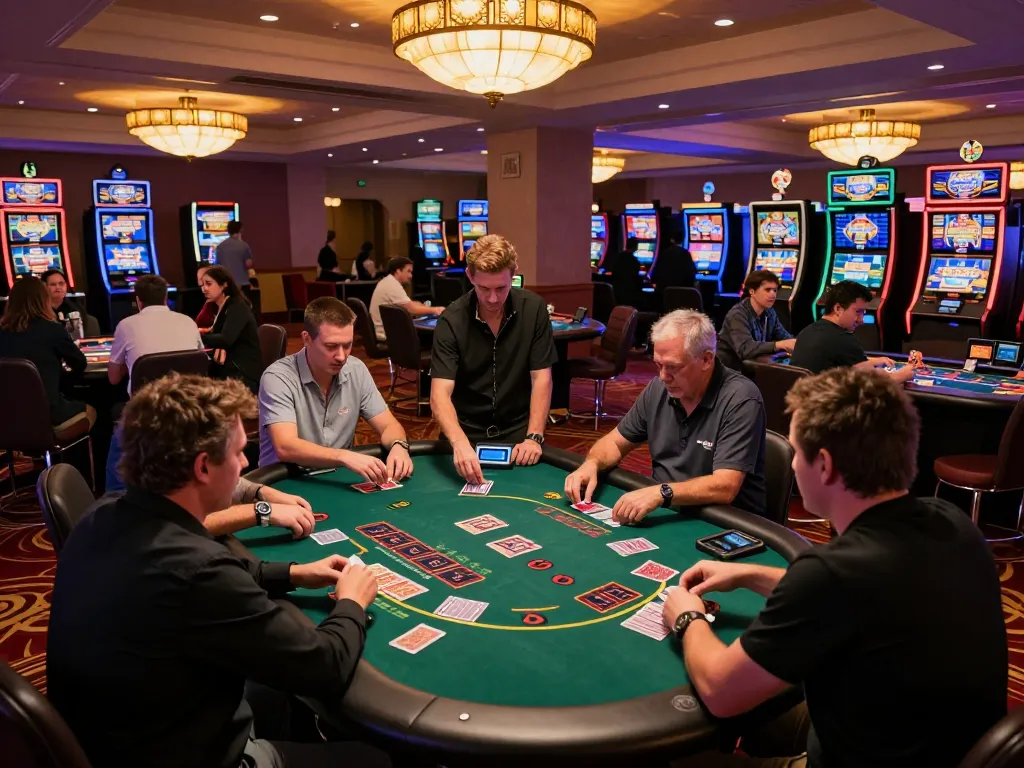 Players enjoying blackjack at the hit club, with dealers shuffling cards and vibrant casino ambiance.