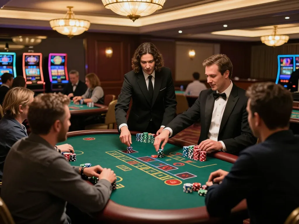 Players engaged in exciting blackjack gameplay at 79win casino, showcasing vibrant chips and dealer action