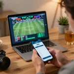 Using the MB88 app for live sports betting in a comfortable home office.