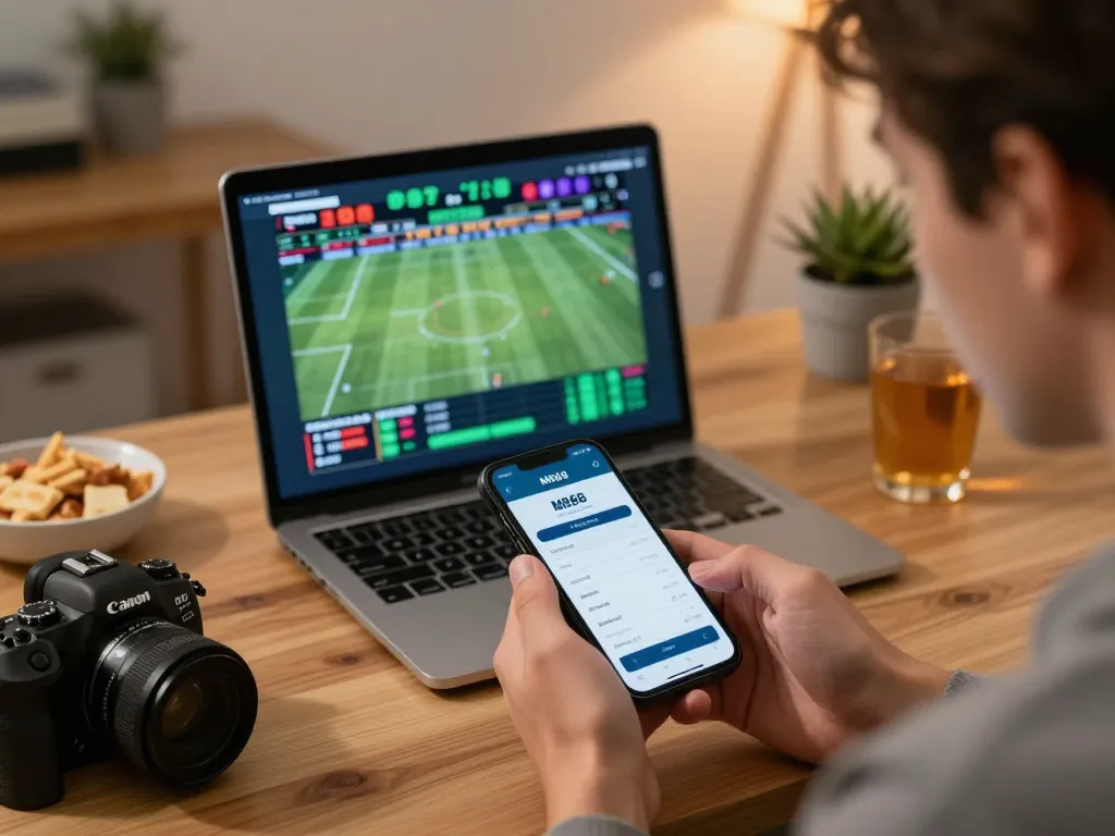 Using the MB88 app for live sports betting in a comfortable home office.
