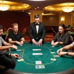Players engaged in a professional poker game at C168 casino, showcasing intense gameplay and strategic betting.
