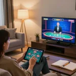 Engaging gameplay on nhà cái SHBET with dynamic live dealer interface in a stylish home setup.