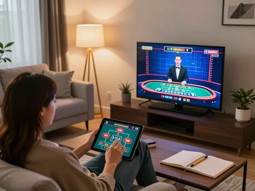 Engaging gameplay on nhà cái SHBET with dynamic live dealer interface in a stylish home setup.