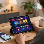 Crown88 online gambling action with player using tablet and strategies at home