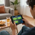 Bongdalu88 user analyzing live sports betting odds on mobile app in comfortable home setting.