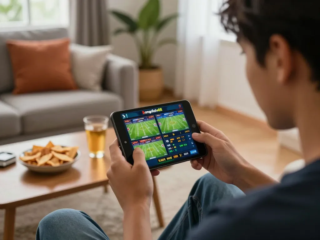 Bongdalu88 user analyzing live sports betting odds on mobile app in comfortable home setting.