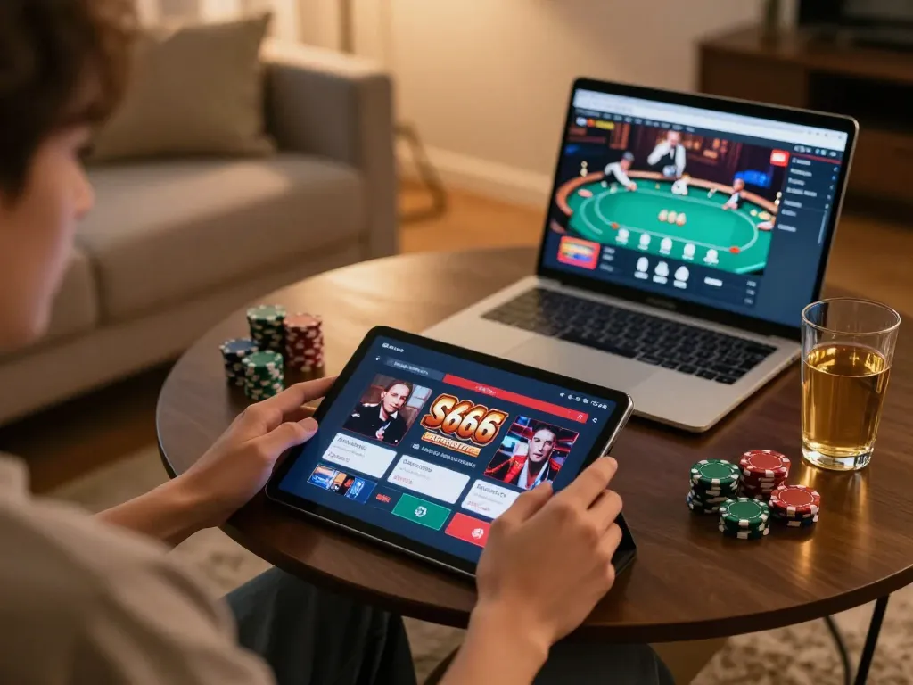 S666 user enjoying online casino gaming on tablet in a comfortable home setting.