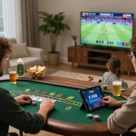 C168 casino player enjoying live blackjack on a tablet in a cozy home setup with snacks and a sports game on TV.