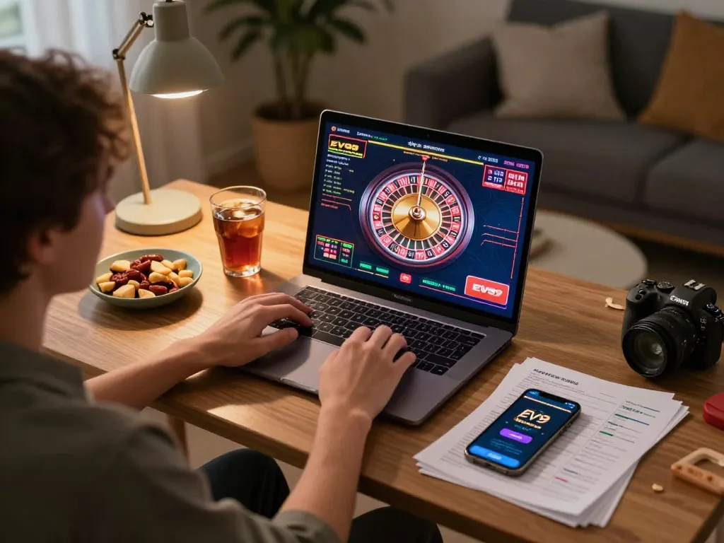 Engaging in strategic gameplay at EV99 online casino with roulette wheel on screen
