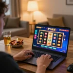 Player enjoying f168 online casino slots game at home in a cozy environment