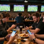 Engaged sports bettors using kèo nhà cái apps in a lively bar during live games.