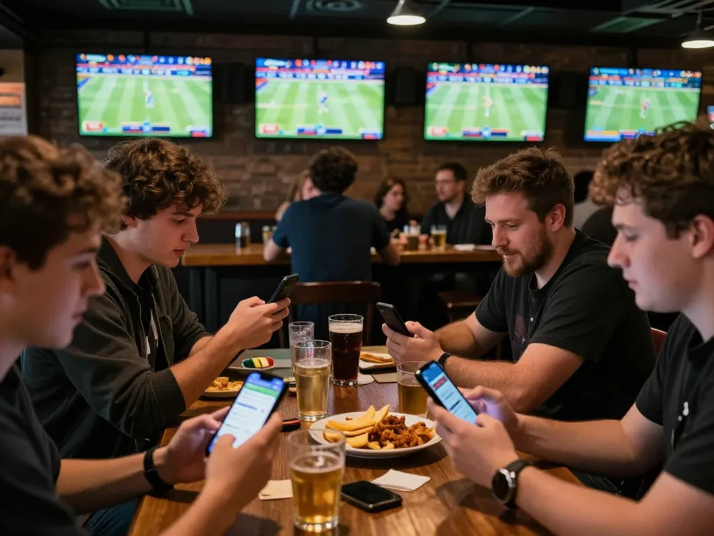 Engaged sports bettors using kèo nhà cái apps in a lively bar during live games.