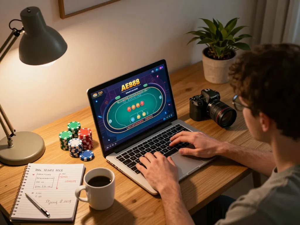 Engage in AE888 online gambling with strategic gameplay in a cozy home setting