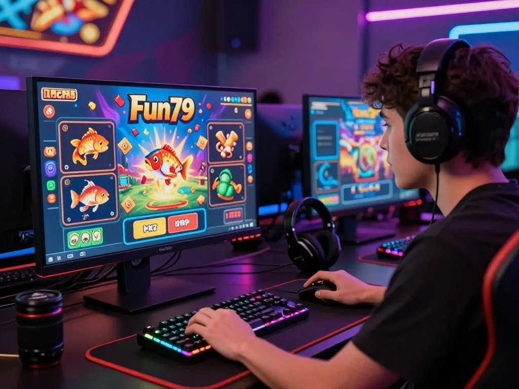 Engaging player enjoying nhà cái fun79 gaming experience with vibrant visuals.