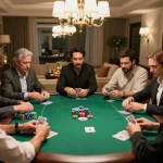 F88bet players strategizing in an upscale home poker game with vibrant chips and cards.