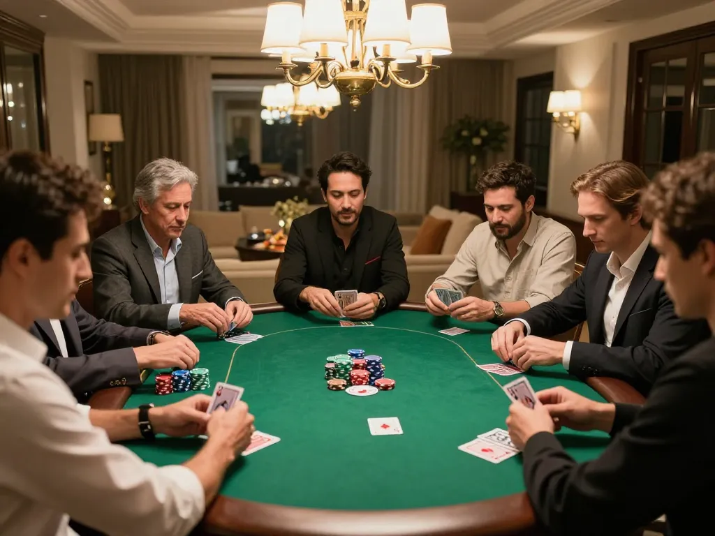 F88bet players strategizing in an upscale home poker game with vibrant chips and cards.