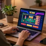 Person engaging with SC88 online casino on laptop, vibrant gambling interface showcasing poker and slots