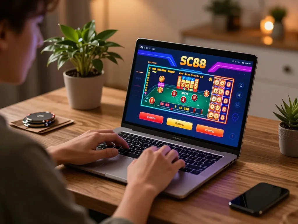 Person engaging with SC88 online casino on laptop, vibrant gambling interface showcasing poker and slots