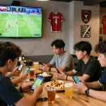 Excited friends tracking live soccer scores on nowgoal in a lively sports cafe atmosphere.