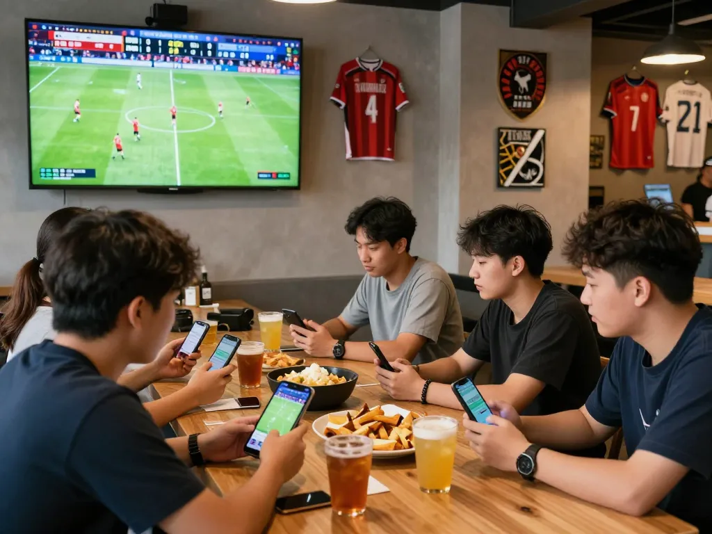 Excited friends tracking live soccer scores on nowgoal in a lively sports cafe atmosphere.