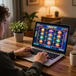 Player enjoying an exciting 88xx slot game on a laptop, surrounded by a cozy and inviting atmosphere at home.