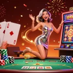 Experience excitement at go88 with a stunning Asian woman celebrating a jackpot win on a slot machine in a vibrant casino.