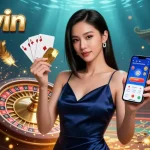 Engage dynamically with games at 789win, featuring stunning visuals of a confident Asian woman amid gambling elements.
